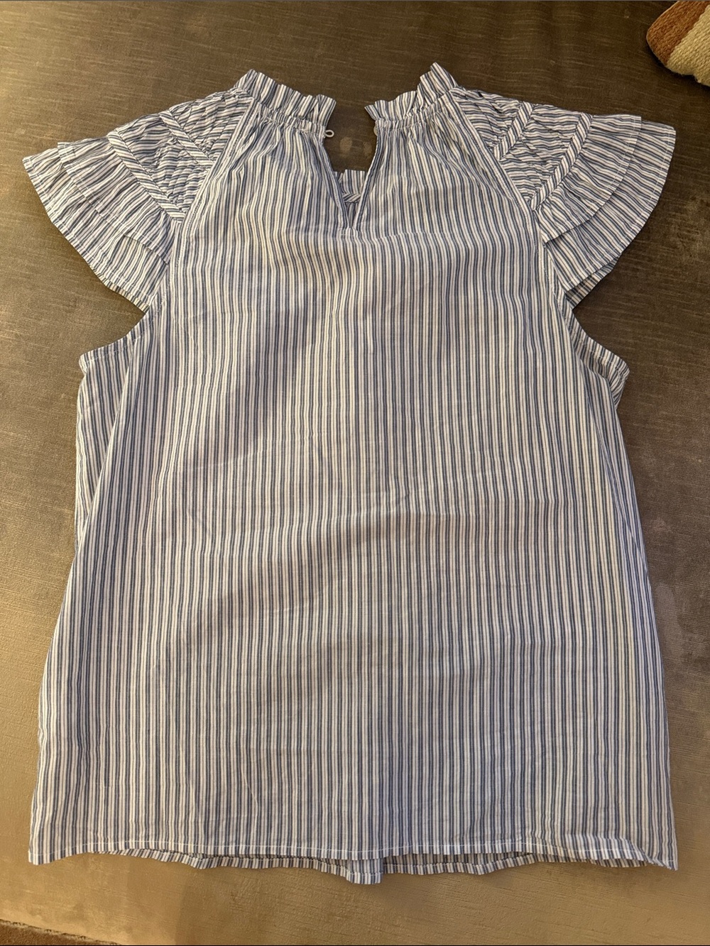 J. Crew Factory Blue and White Striped Ruffle Sleeve Top - Picture 2 of 3